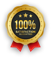 Gold satisfaction guarantee badge with red ribbon.